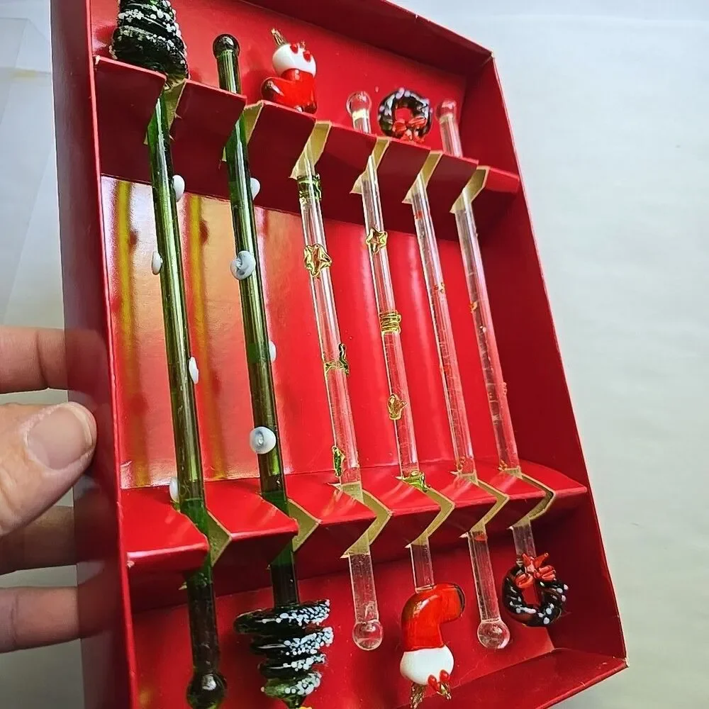 Boston Warehouse Christmas Hand Blown Glass Swizzle Stick Set Of 6 EUC Unused